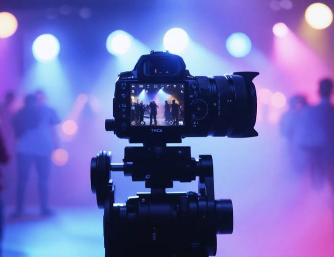 A professional videographer using advanced high-definition cameras to film a vibrant event scene, emphasizing the magic of personalized storytelling through THCA videography.